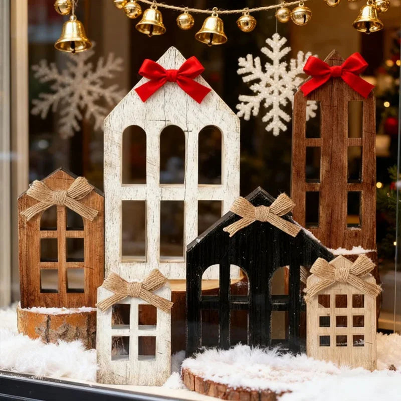 Wooden Christmas Village House with Multi-Tiered Trays 6pcs