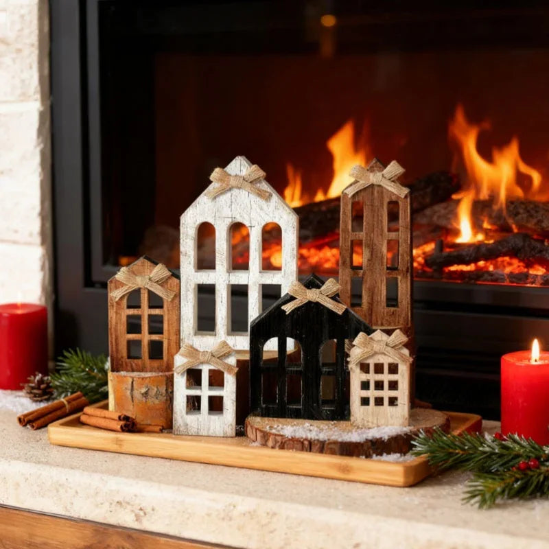 Wooden Christmas Village House with Multi-Tiered Trays 6pcs