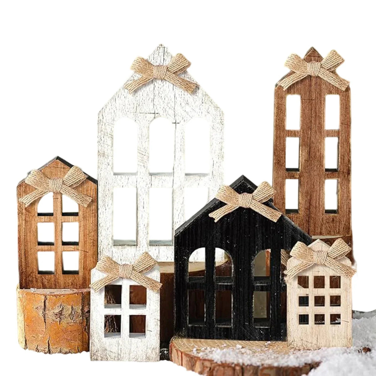 Wooden Christmas Village House with Multi-Tiered Trays 6pcs