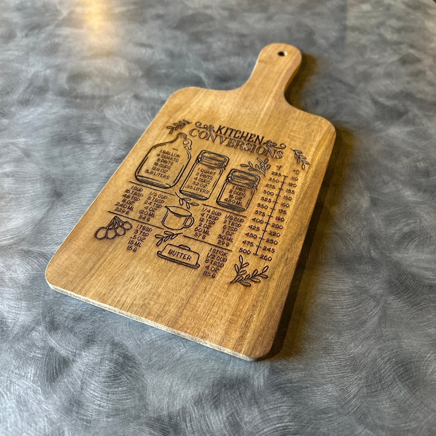 Acacia Wood Cutting Board with Kitchen Measurement Chart – Laser Engraved Cheese Board