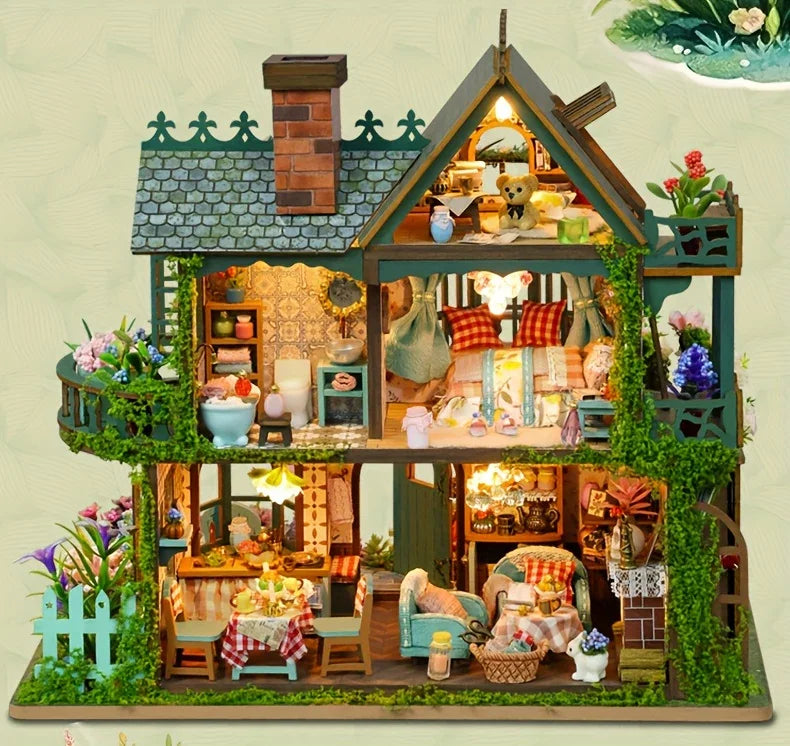Wooden Dollhouse Kit with Forest Theme and Handmade Details