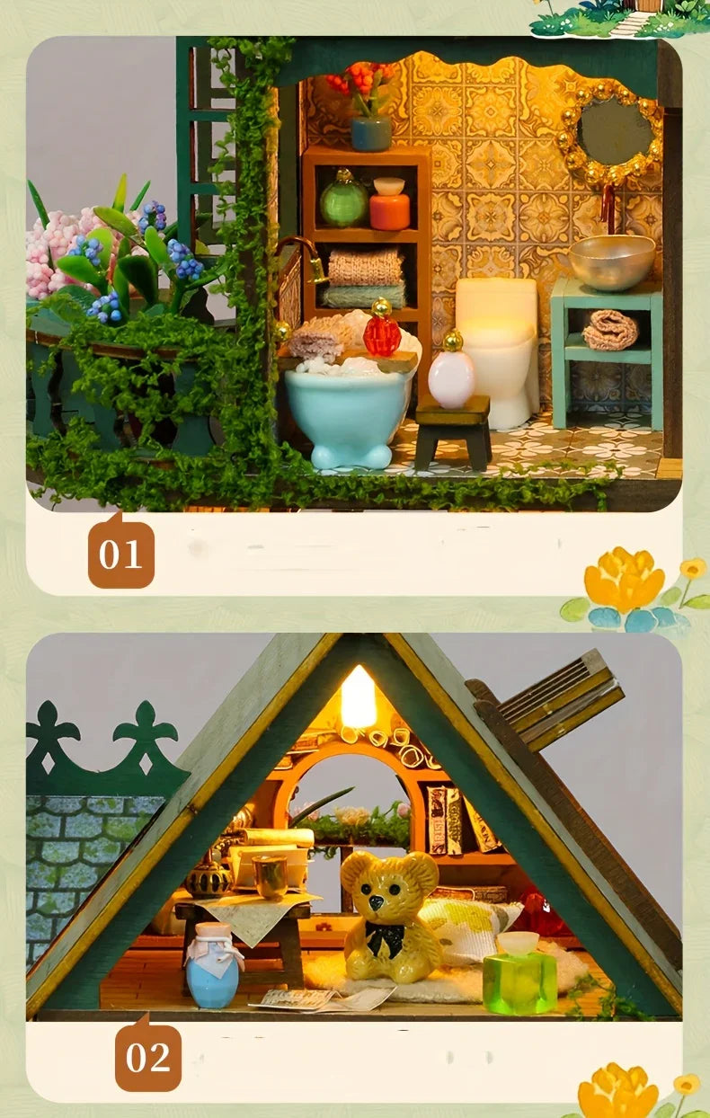 Wooden Dollhouse Kit with Forest Theme and Handmade Details