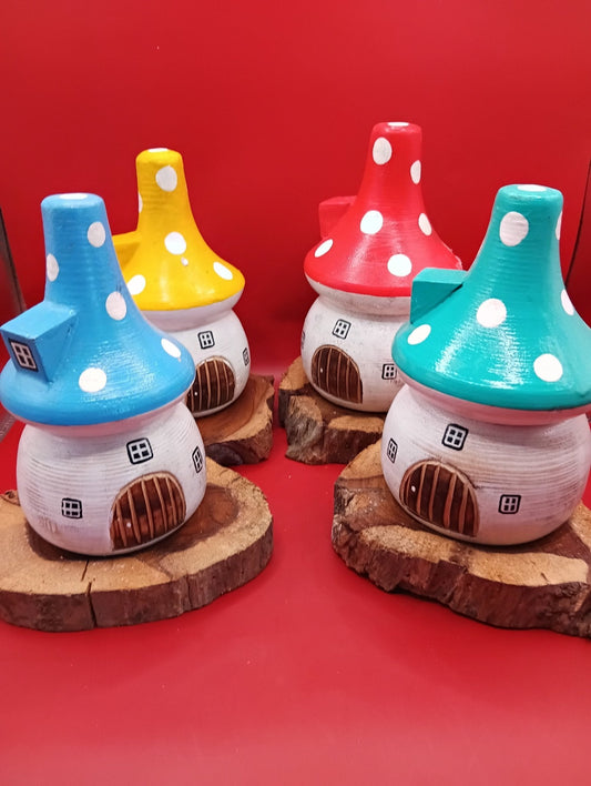 Wooden Mushroom House – Coastal Playful Outdoor Decor with Wood Base (4 Color Variants)