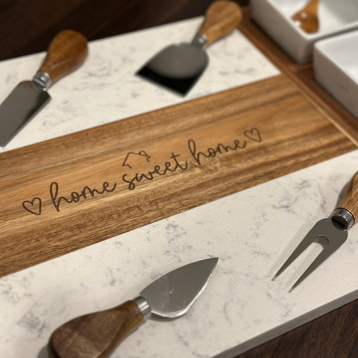 Wood/Marble Charcuterie Board | 3 Bowl | "Home Sweet Home" Design