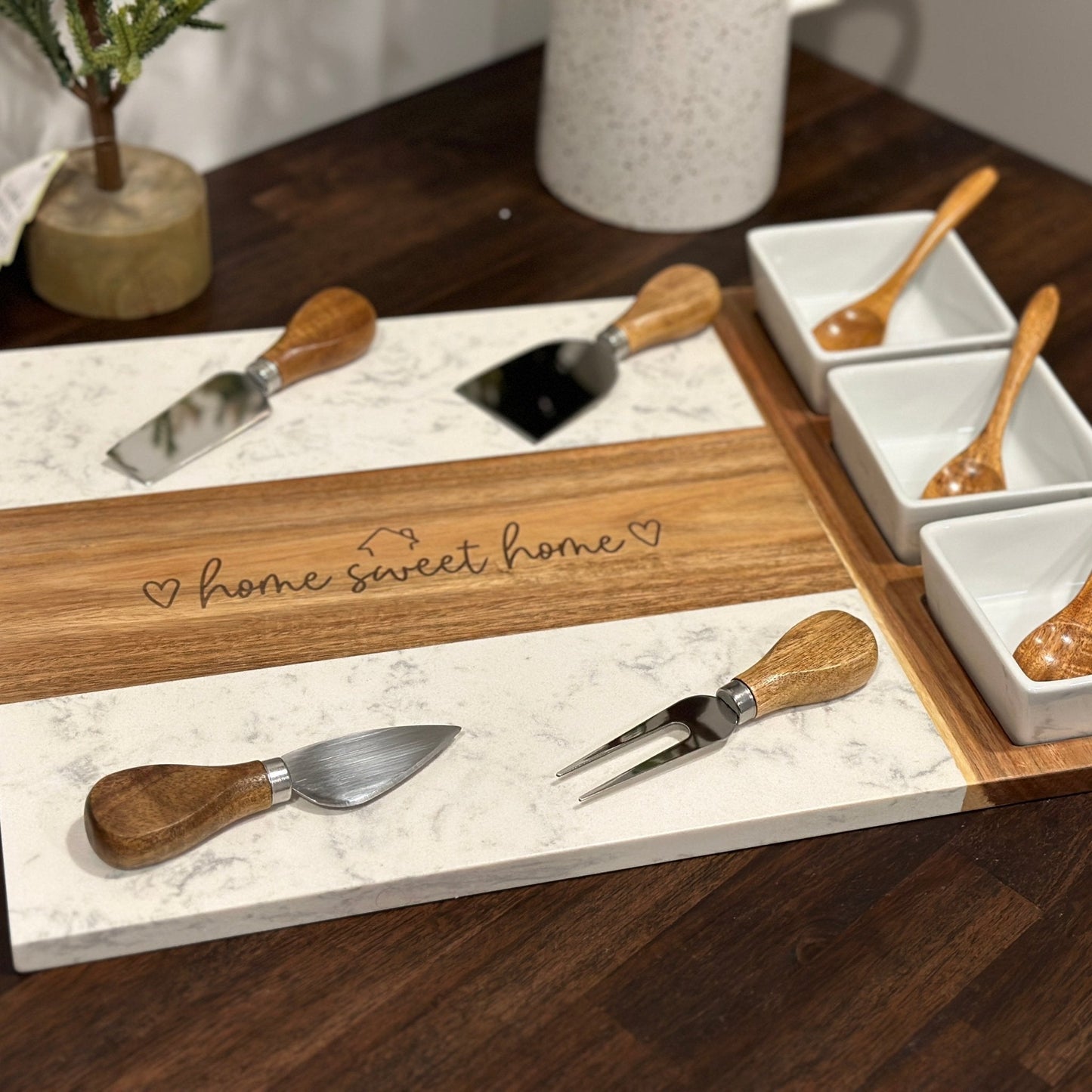 Wood/Marble Charcuterie Board | 3 Bowl | "Home Sweet Home" Design