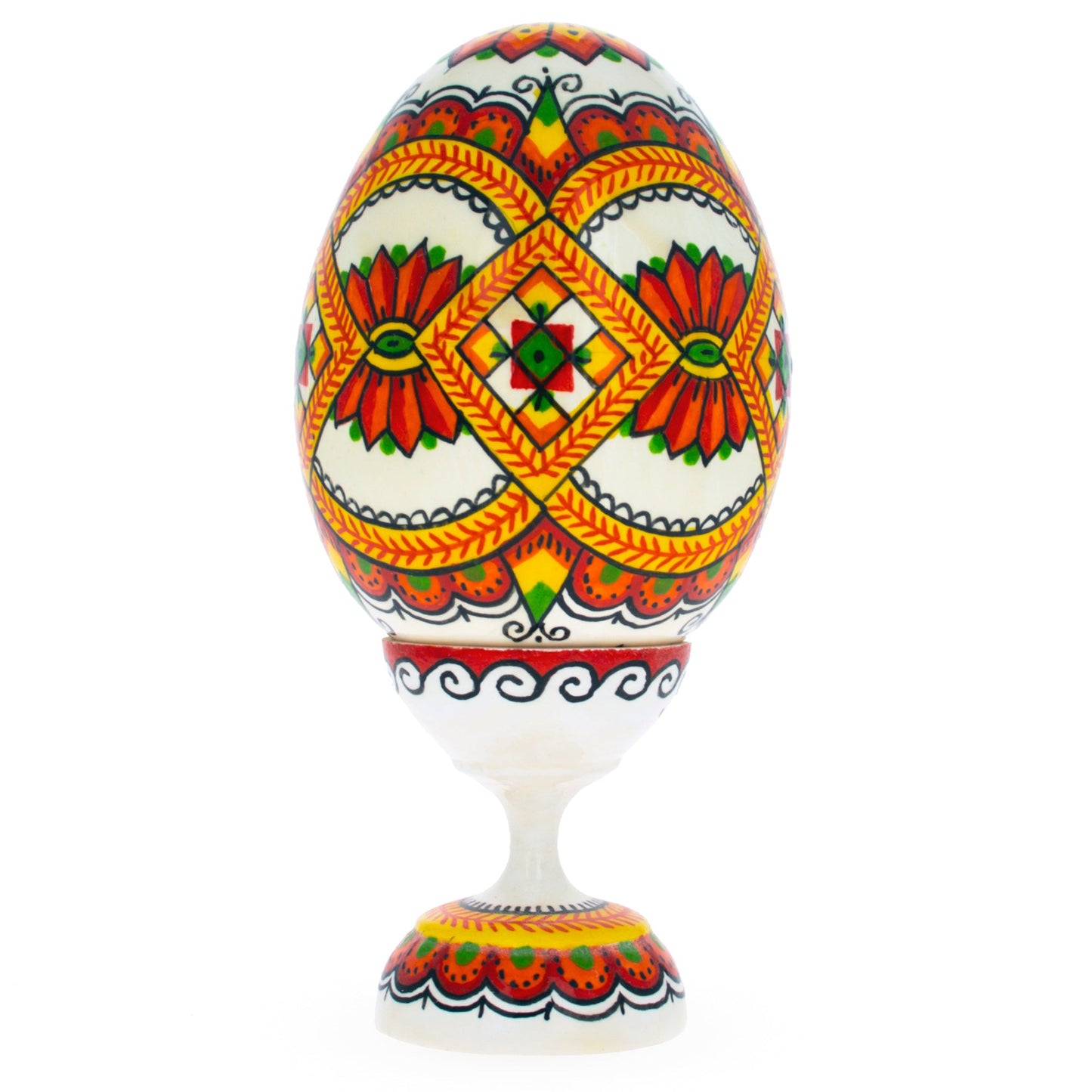 Geometrical Ukrainian Wooden Pysanka Easter Egg on a Stand 3.75 Inches