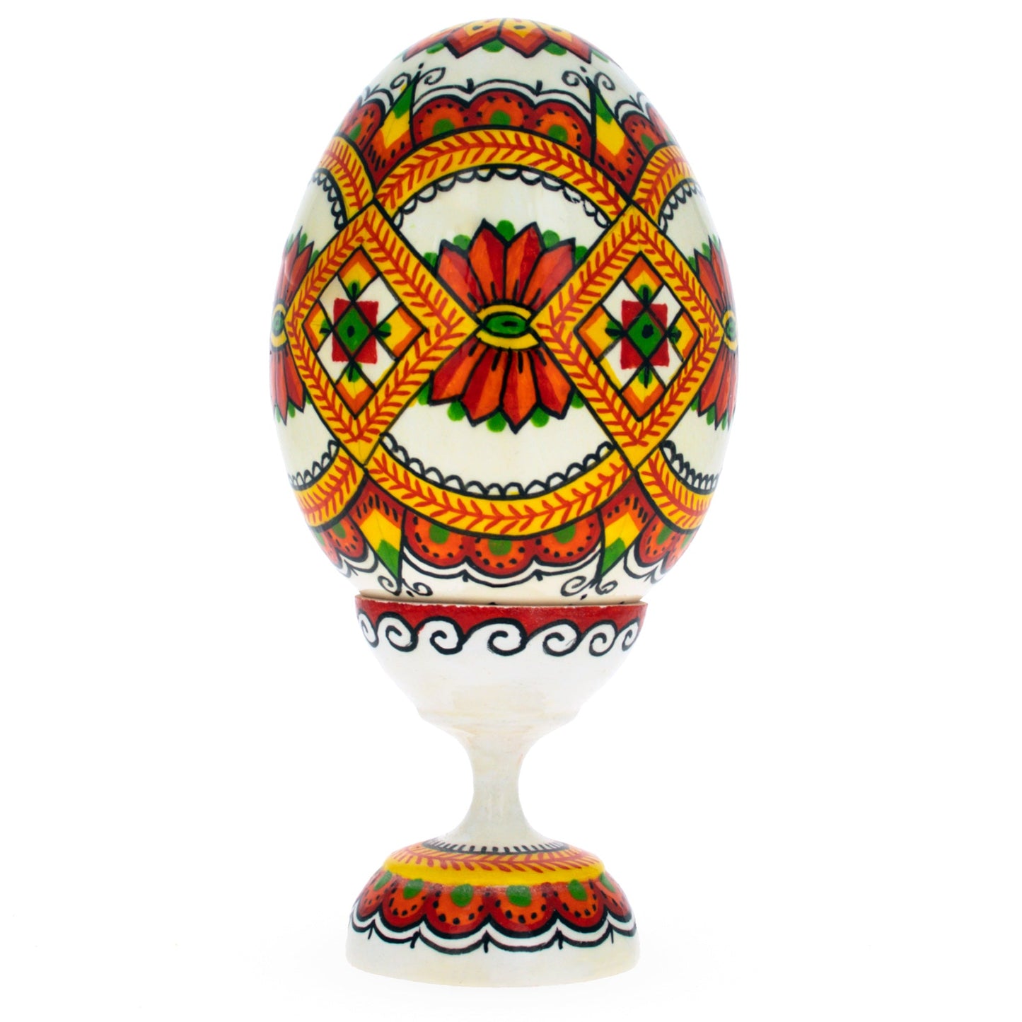 Geometrical Ukrainian Wooden Pysanka Easter Egg on a Stand 3.75 Inches