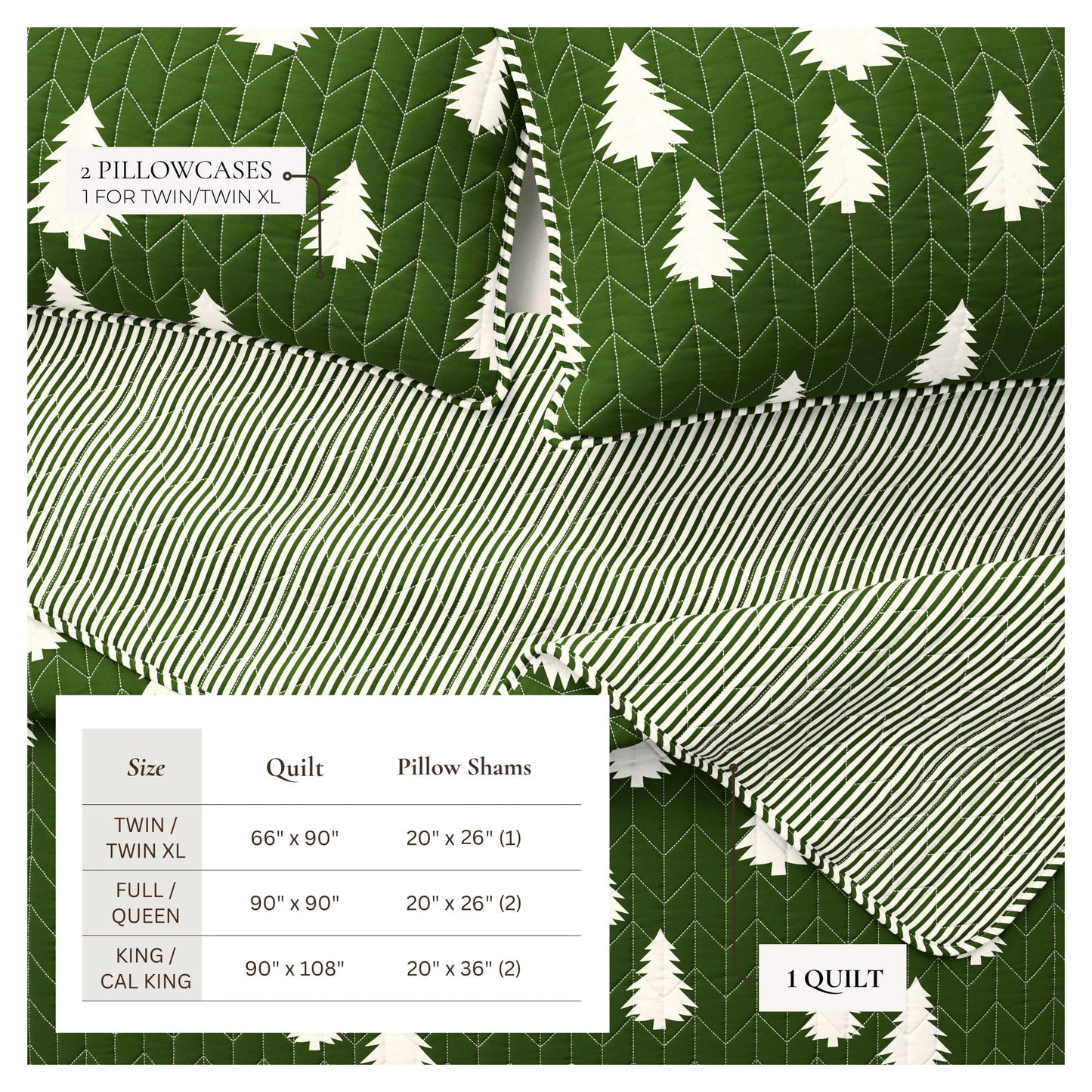 Green and white patterned quilt set with pillowcases and size chart on a green background