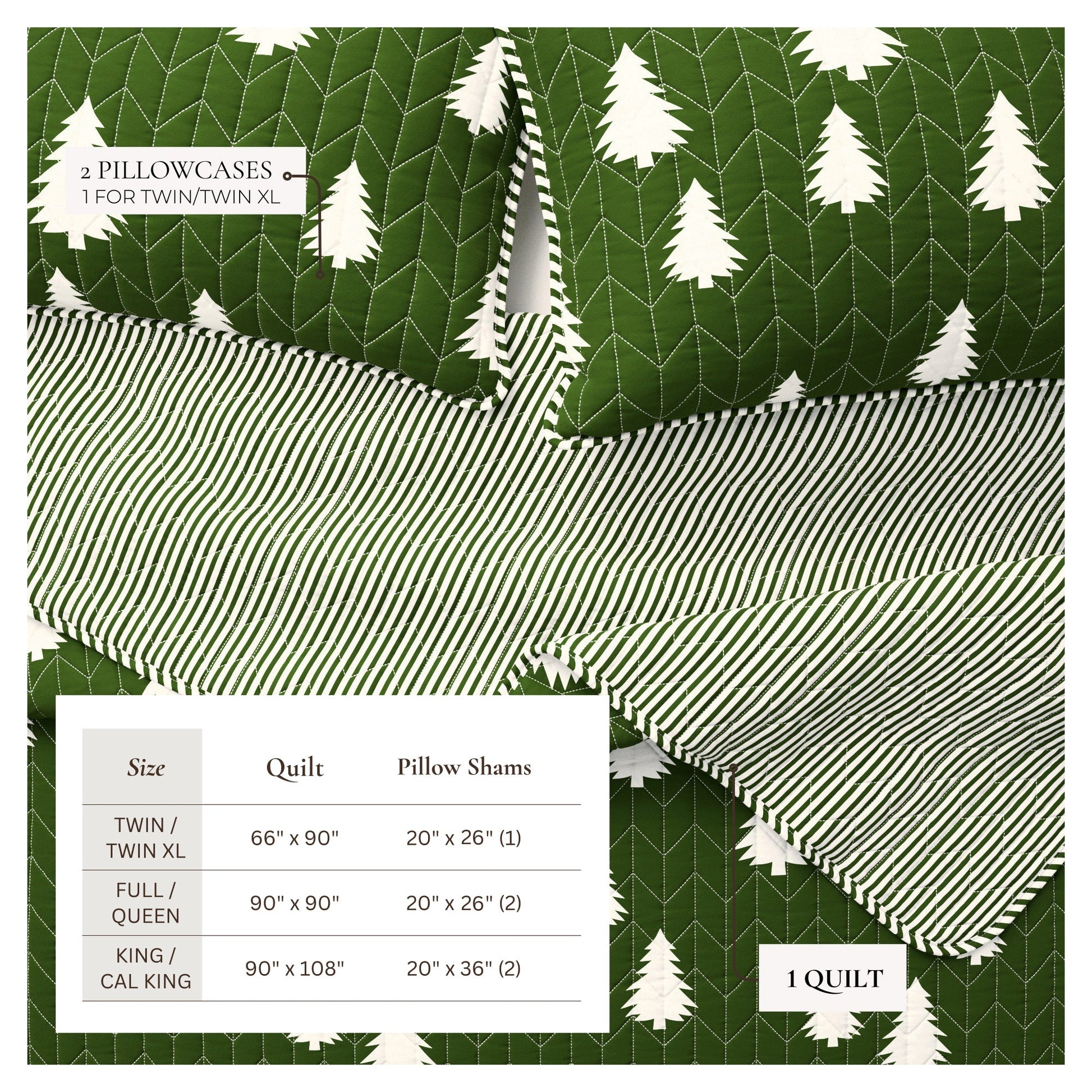 Green and white patterned quilt set with pillowcases and size chart on a green background