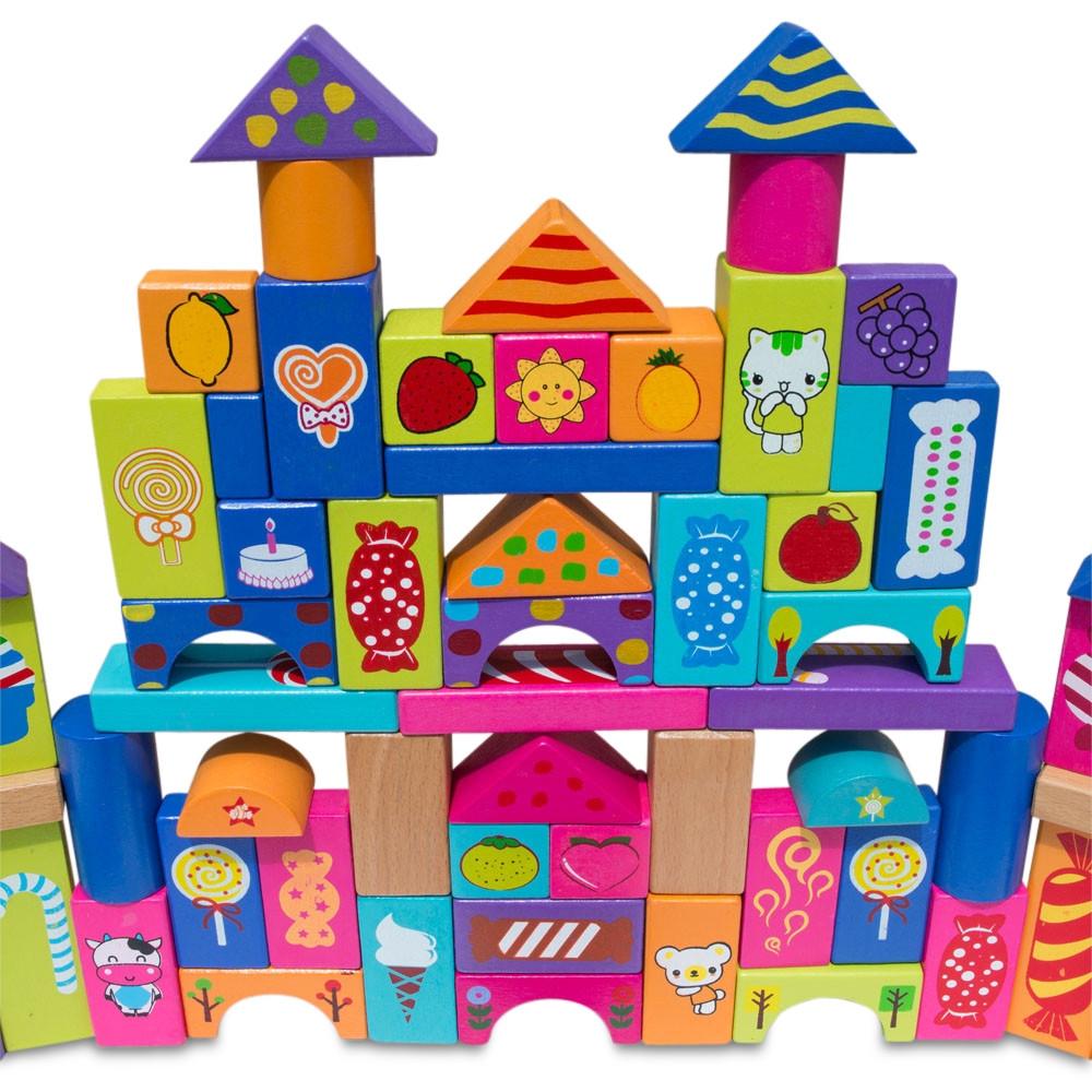 Set of 90 Colorful Wooden Building Blocks Educational Stacking Toy Castle
