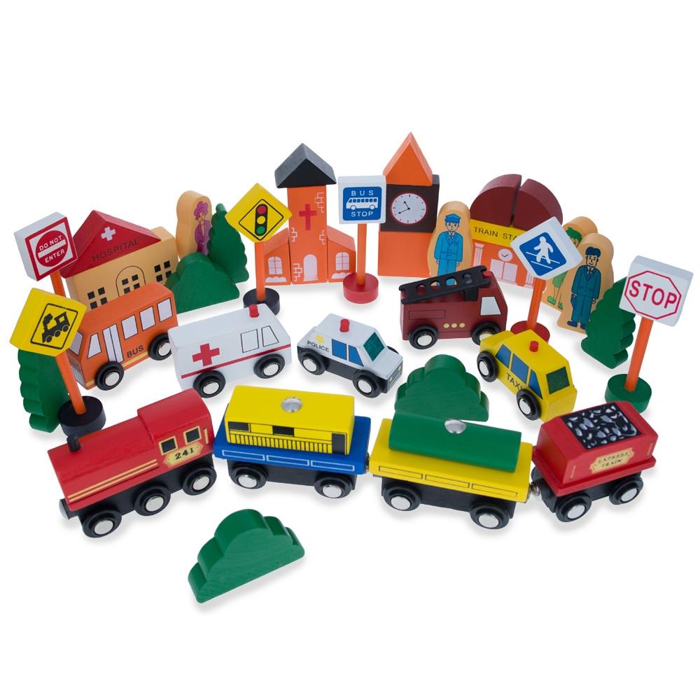 Set of 40 Pieces City Vehicles, Buildings, and Signs Wooden Blocks