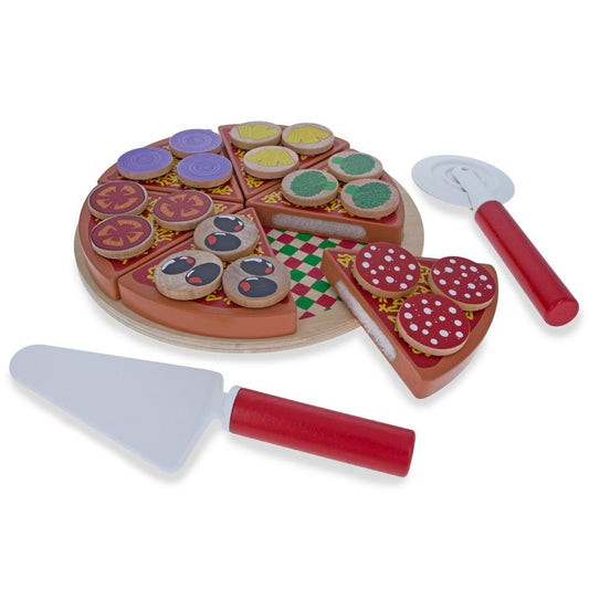 Set of 27 Wooden Pieces Make a Pizza with Toppings & Kitchen Tools