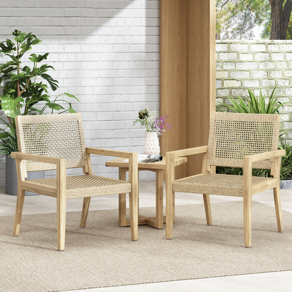 Outdoor Wicker and Acacia Wood Club Chairs, Set of 2