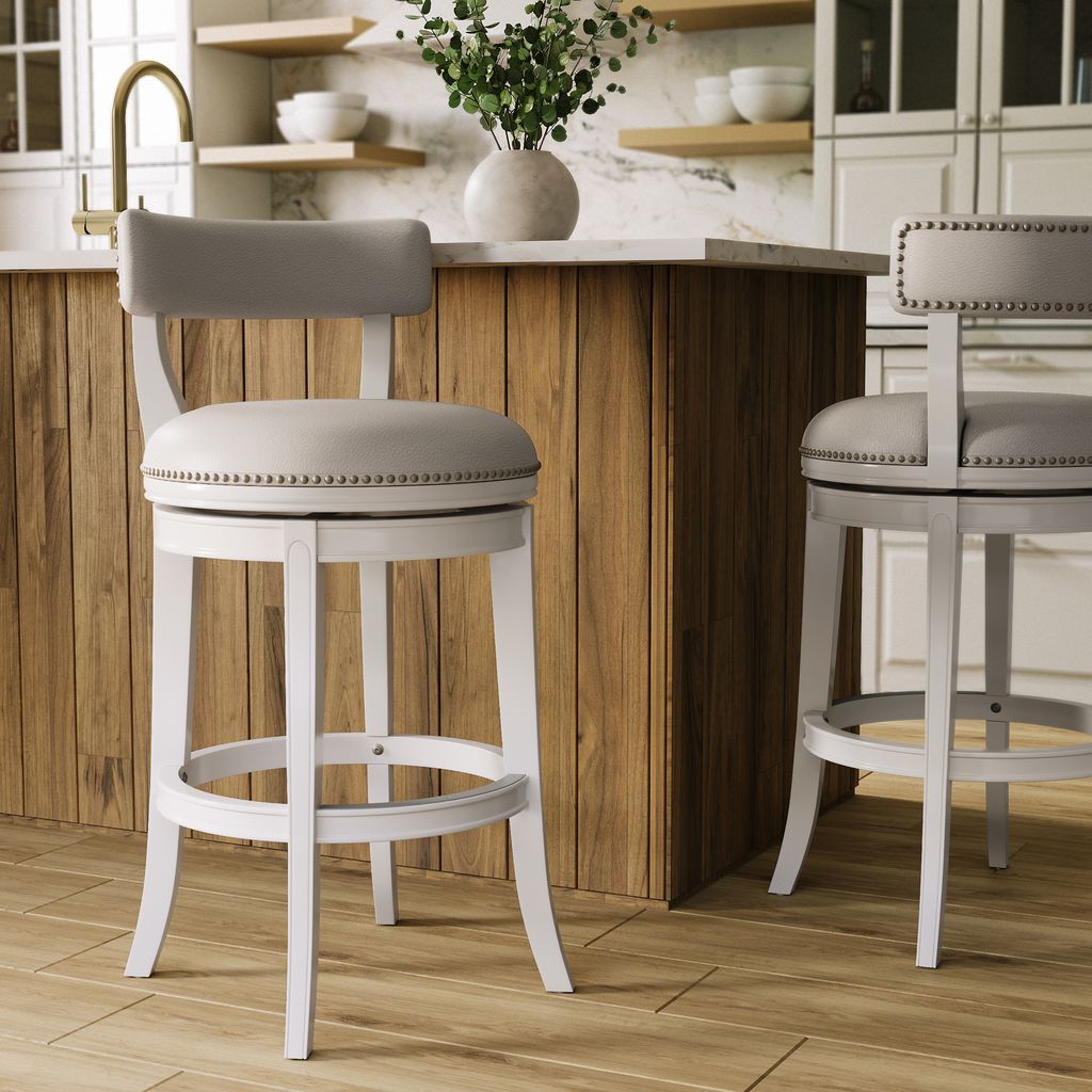 Morehead Stool in White with Gray Seat featuring plush seat and stylish design in a contemporary kitchen.