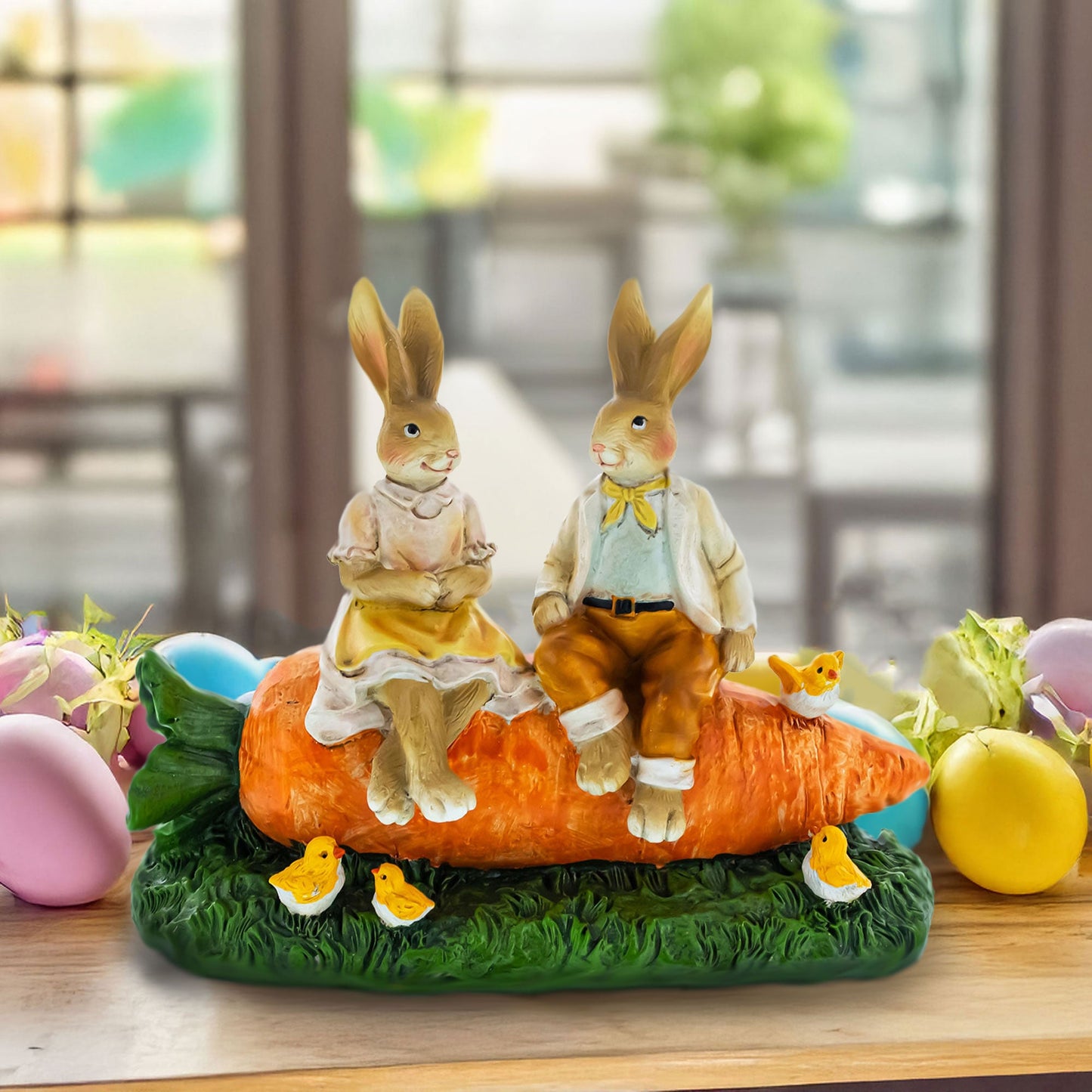 Bunny Couple in Love Sitting on a Carrot Figurine