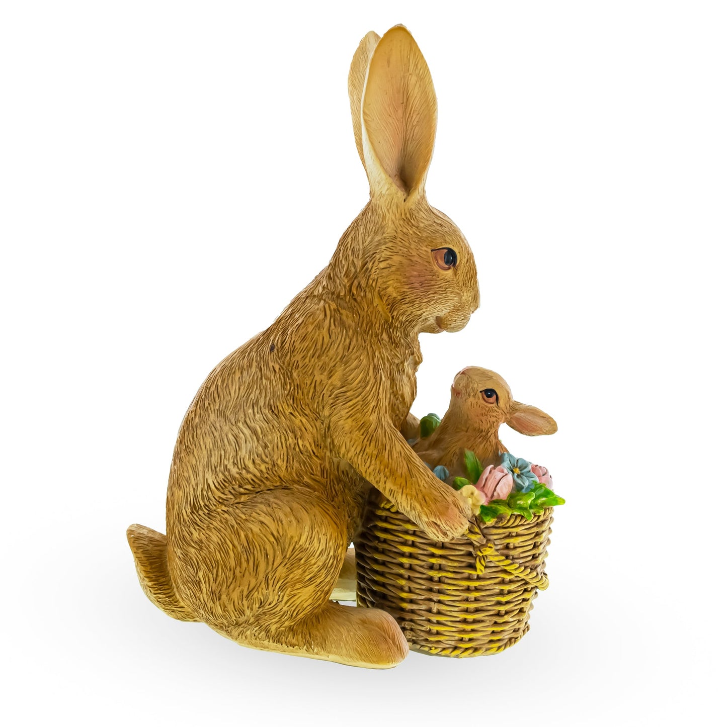 Mother & Baby Bunny Figurine – Rustic Easter & Spring Decor with Floral Basket 7.4 Inches