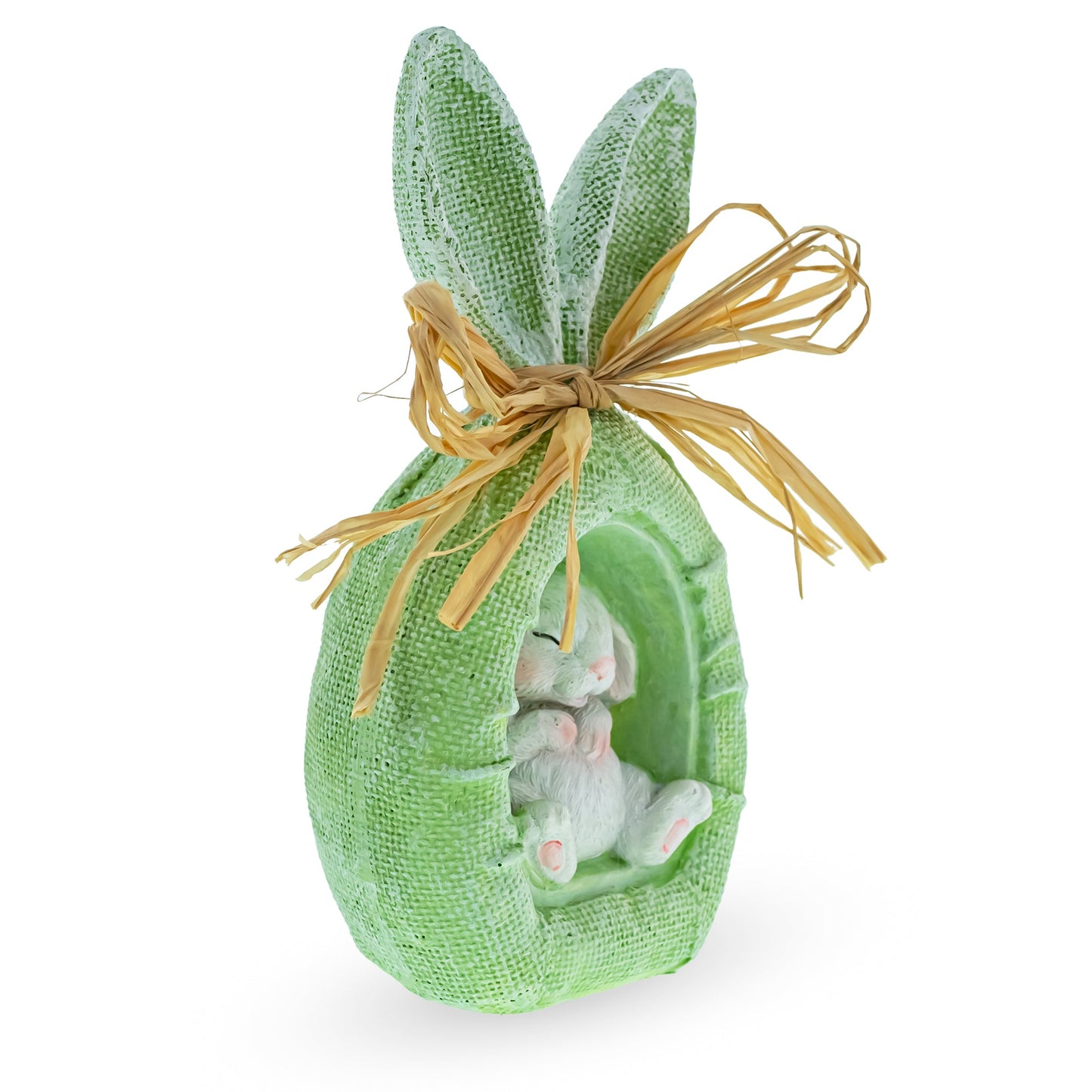 Rustic Bunny Nest Egg Decoration – Green Burlap-Style Easter Ornament with Raffia Bow