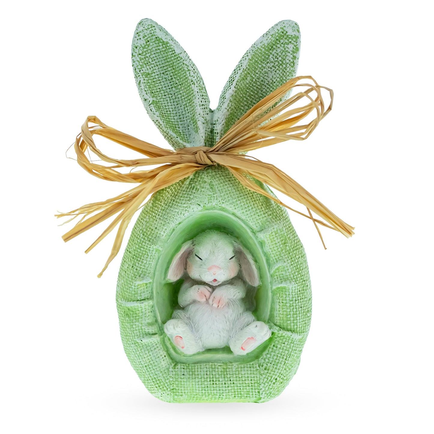 Rustic Bunny Nest Egg Decoration – Green Burlap-Style Easter Ornament with Raffia Bow