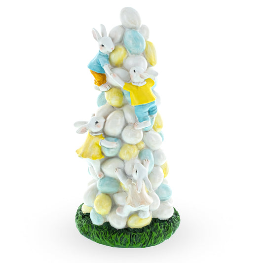 Easter Bunny Climbing Egg Tower – Playful Rabbit Figurine for Spring Decor 10.6 Inches