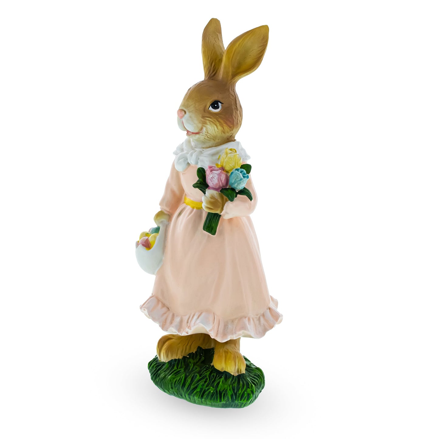 Vintage Style Easter Bunny Figurine – Springtime Rabbit Statue with Flowers & Egg Basket 8.7 Inches