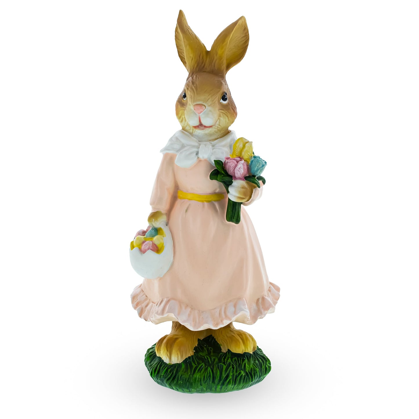 Vintage Style Easter Bunny Figurine – Springtime Rabbit Statue with Flowers & Egg Basket 8.7 Inches