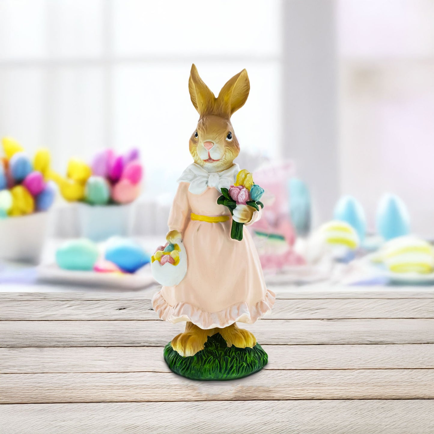 Vintage Style Easter Bunny Figurine – Springtime Rabbit Statue with Flowers & Egg Basket 8.7 Inches