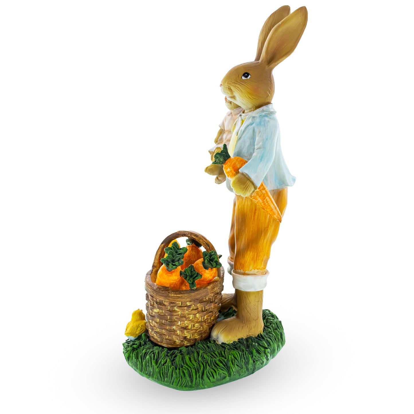Father & Child Easter Bunny Figurine – Spring Rabbit Statue with Carrots & Chicks 11 Inches