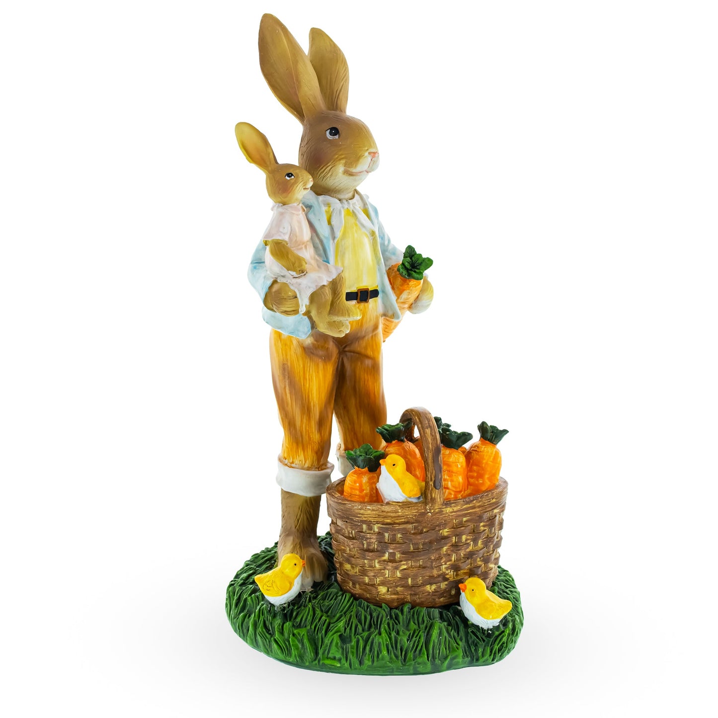 Father & Child Easter Bunny Figurine – Spring Rabbit Statue with Carrots & Chicks 11 Inches