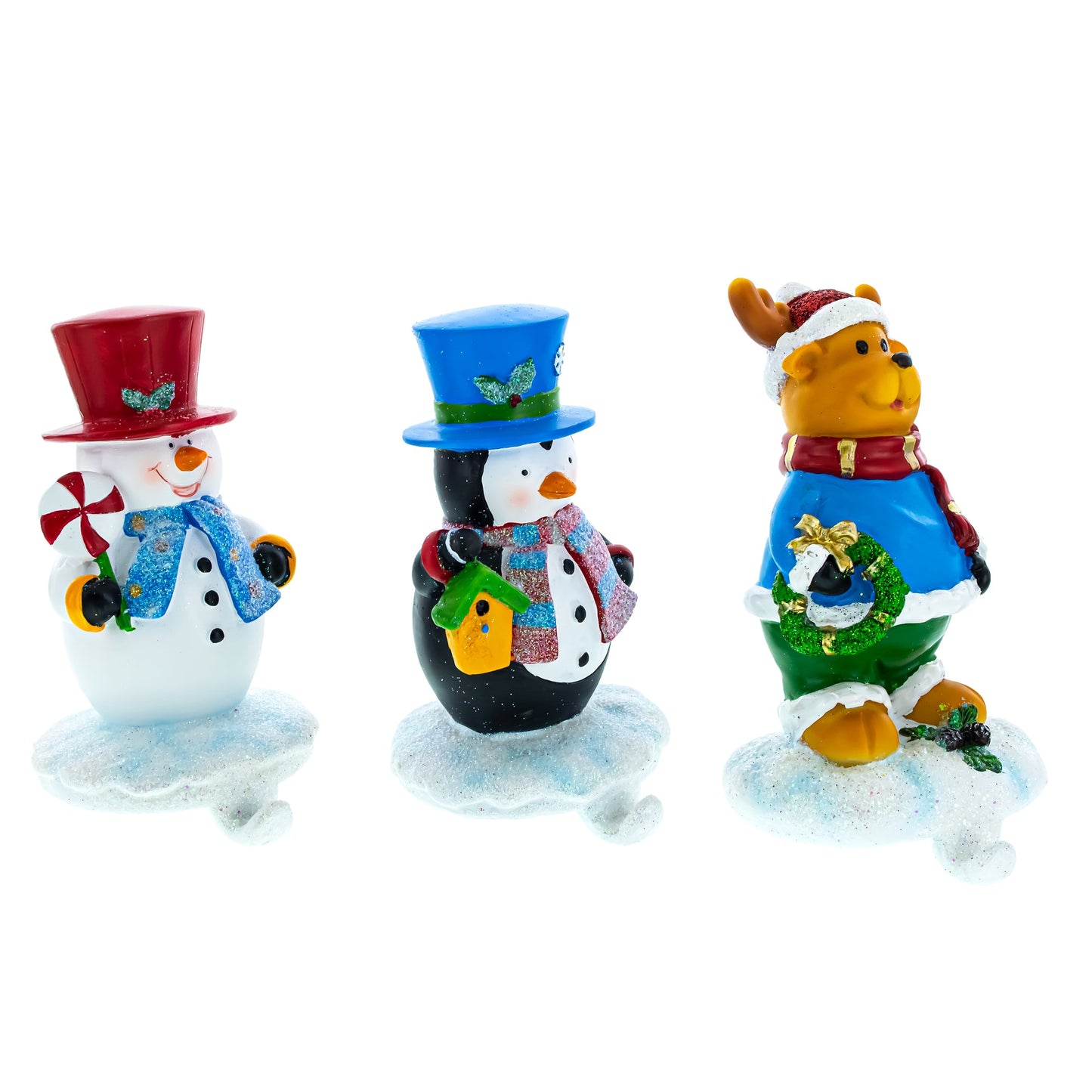 Set of 3 Holiday Stocking Holders Hangers – Snowman, Penguin, and Reindeer Christmas Mantel Decor