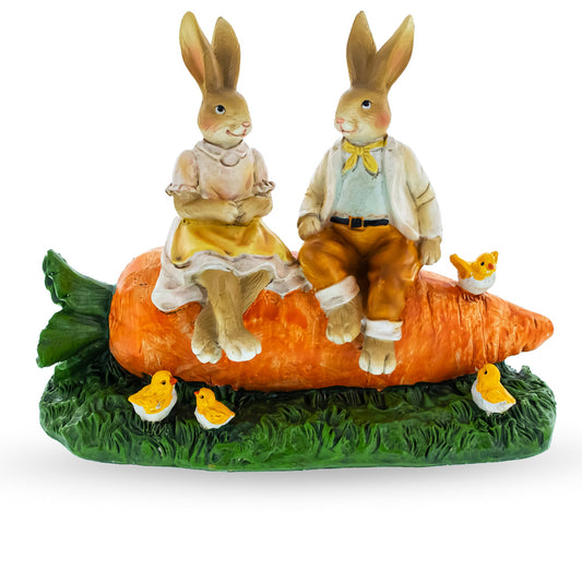 Bunny Couple in Love Sitting on a Carrot Figurine