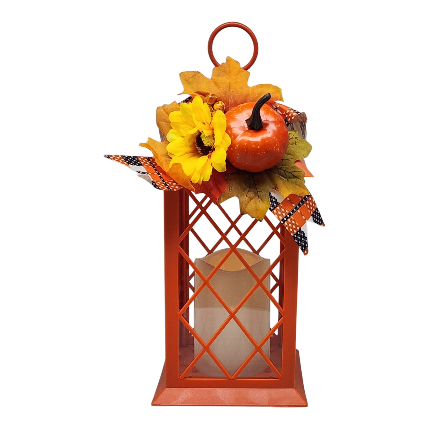 Harvest Lantern with Flickering LED Candle - Orange