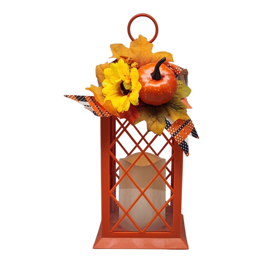 Harvest Lantern with Flickering LED Candle - Orange