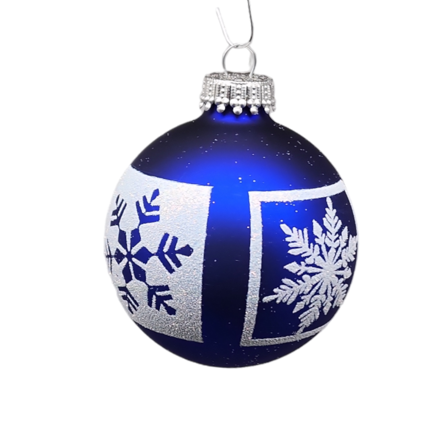Krebs Value Glass Ball 4 pack - White Glitter Snowflakes on Deep Blue