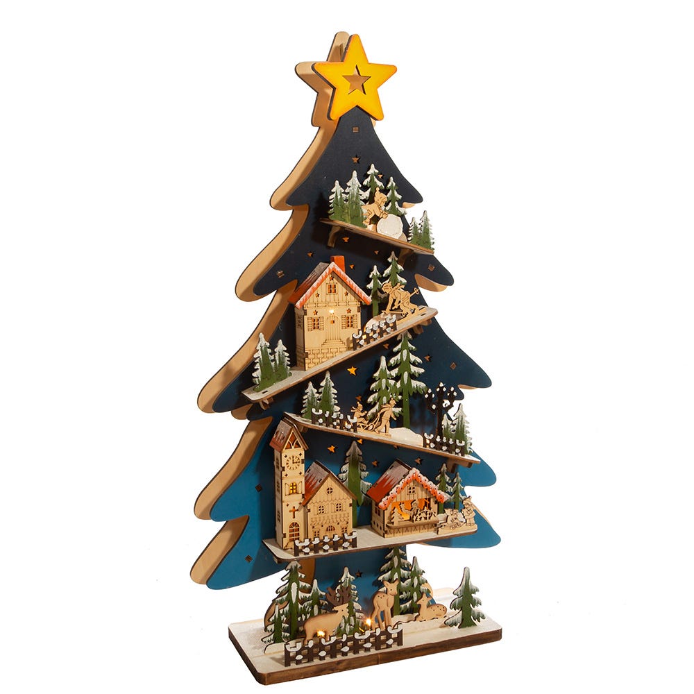 Battery-Operated Light-Up LED Wooden Christmas Tree With Village Scene
