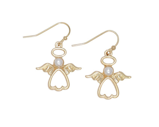 Dainty Gold Angel Earrings with Pearls