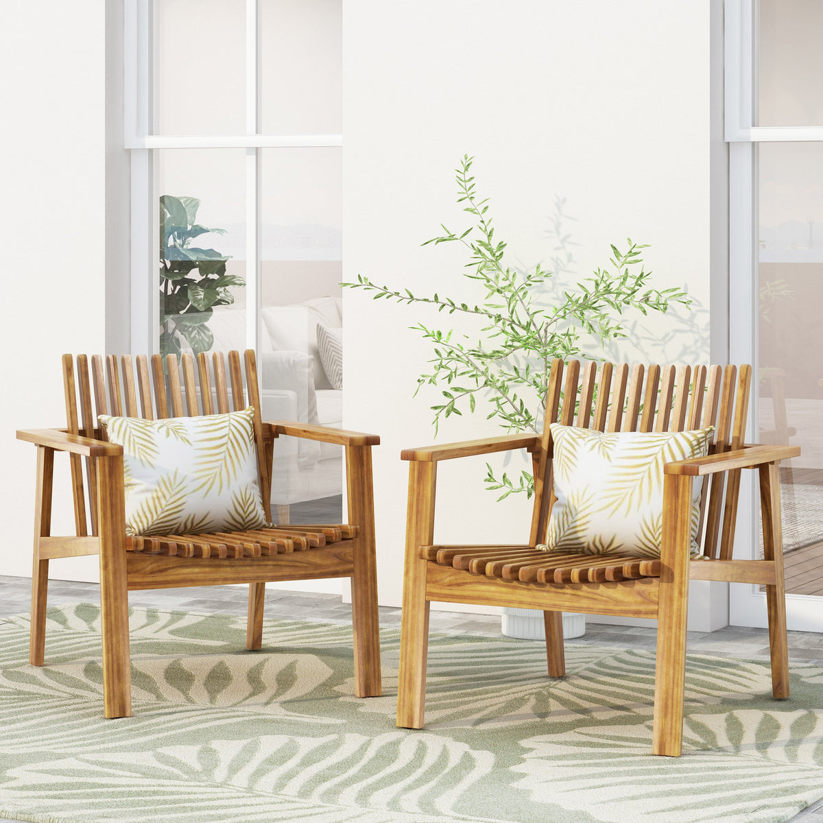Outdoor Acacia Wood Slatted Club Chairs, Set of 2