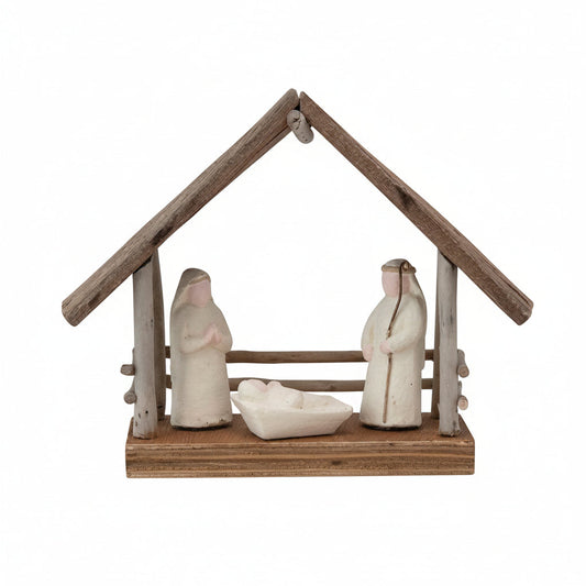 Handmade Driftwood & Paper Mache Nativity on Wood Base
