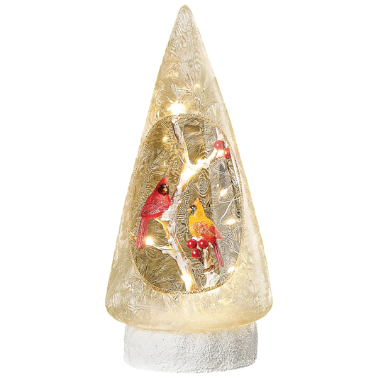 Lighted Glass Cardinal Holly Tree - 10 Inches tall