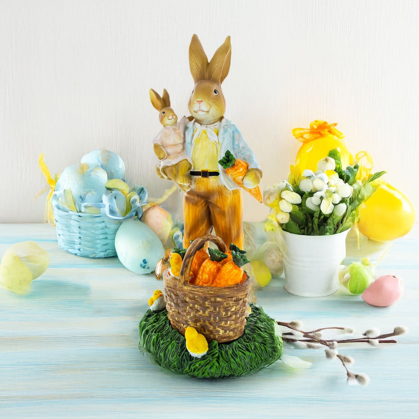 Father & Child Easter Bunny Figurine – Spring Rabbit Statue with Carrots & Chicks 11 Inches