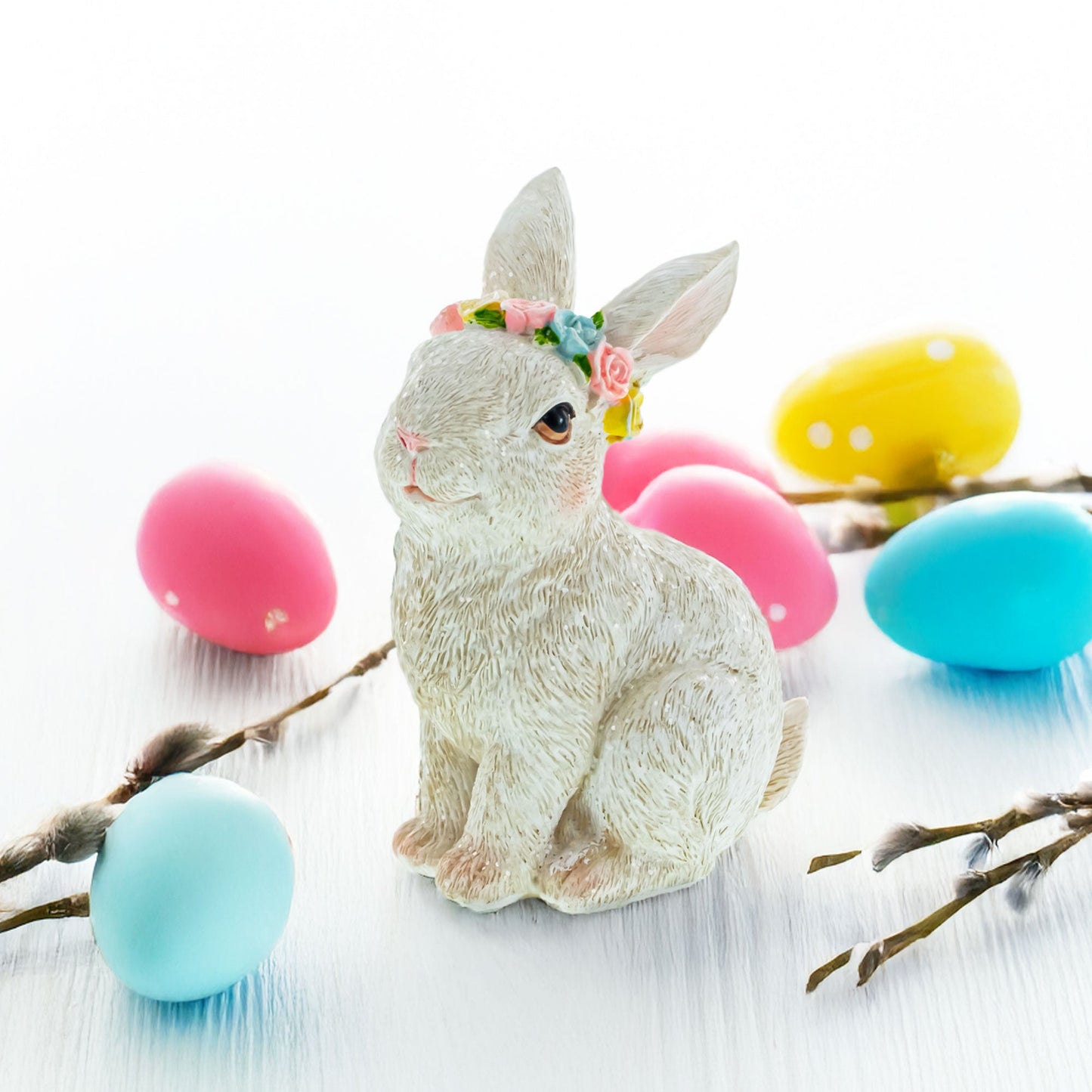 Floral Crown Bunny Figurine – Elegant Spring & Easter Rabbit Decoration 4.2 Inches