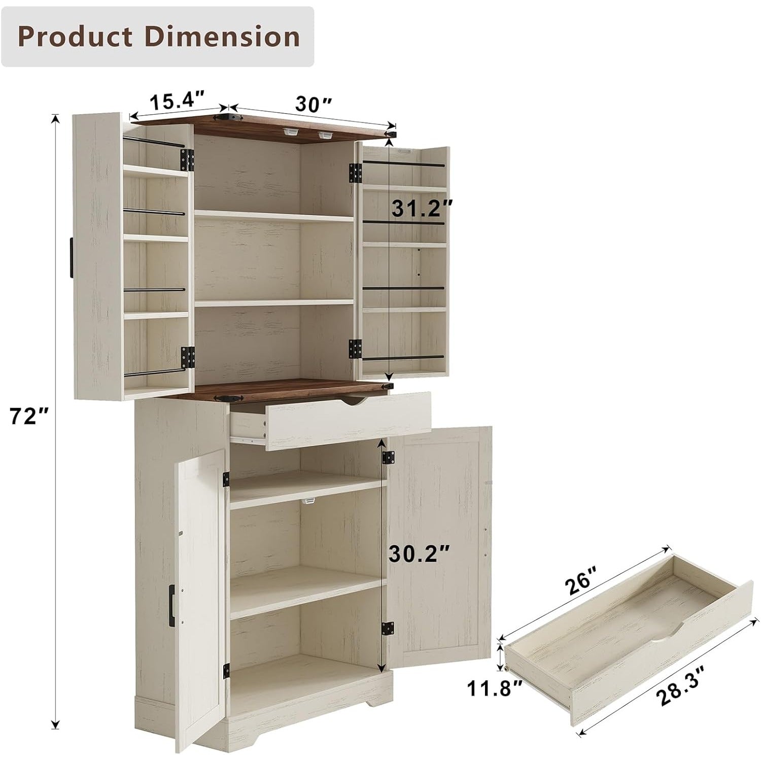 Yanosaku SC001 72'' Tall Kitchen Storage Pantry Cabinet dimensions showing shelves and drawers.