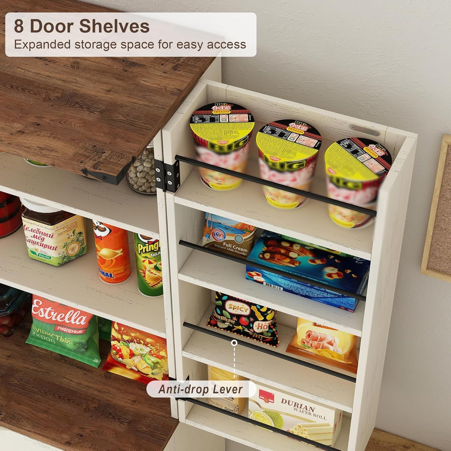 Yanosaku SC001 72'' Tall Kitchen Storage Pantry Cabinet with 8 door shelves for expanded storage and easy access.