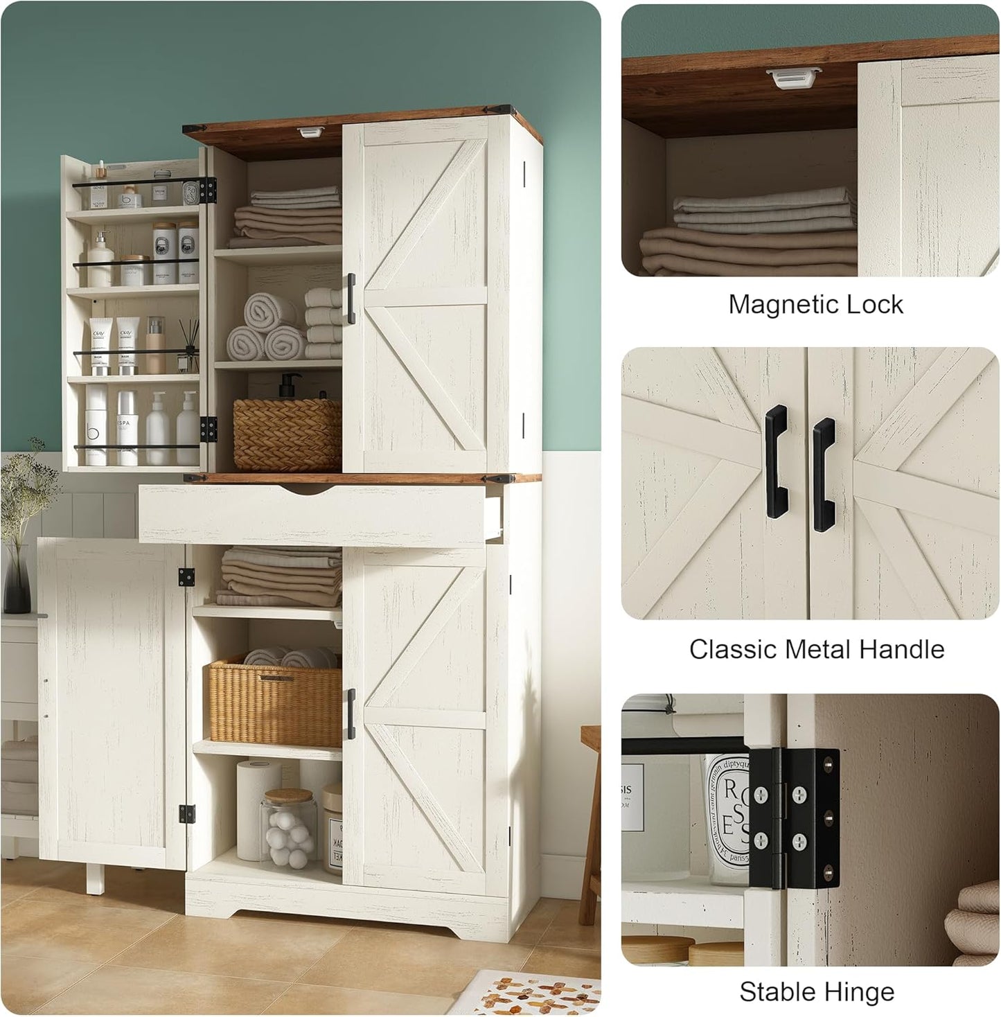 Yanosaku SC001 72'' Tall Kitchen Storage Pantry Cabinet showcasing shelves, magnetic lock, and classic metal handle.