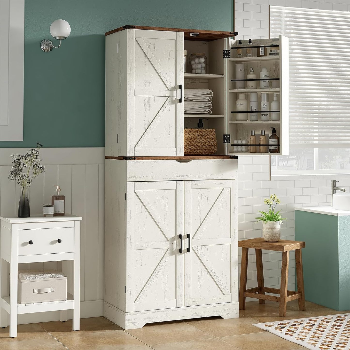 Yanosaku SC001 72'' Tall Kitchen Storage Pantry Cabinet styled in a modern kitchen space with open and closed doors.