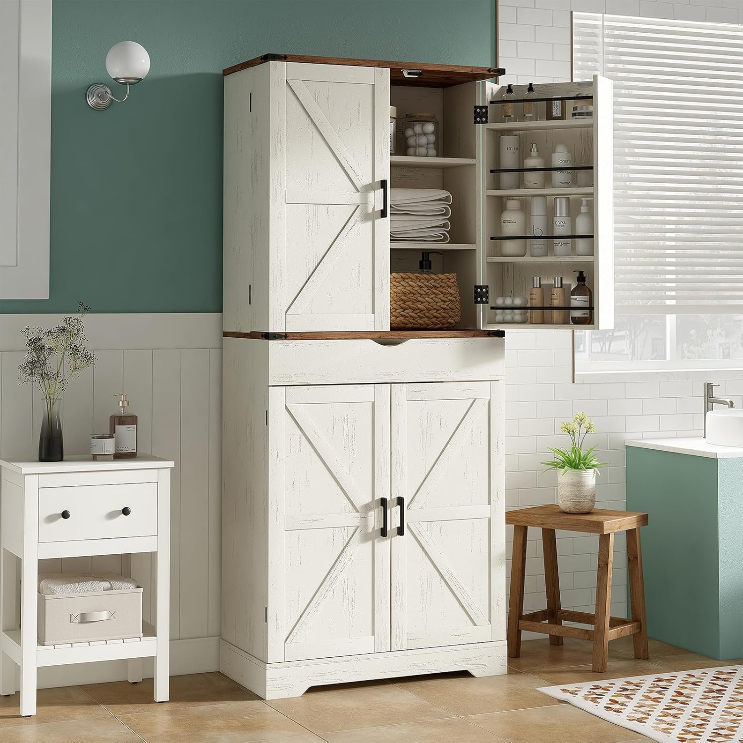 Yanosaku SC001 72'' Tall Kitchen Storage Pantry Cabinet styled in a modern kitchen space with open and closed doors.