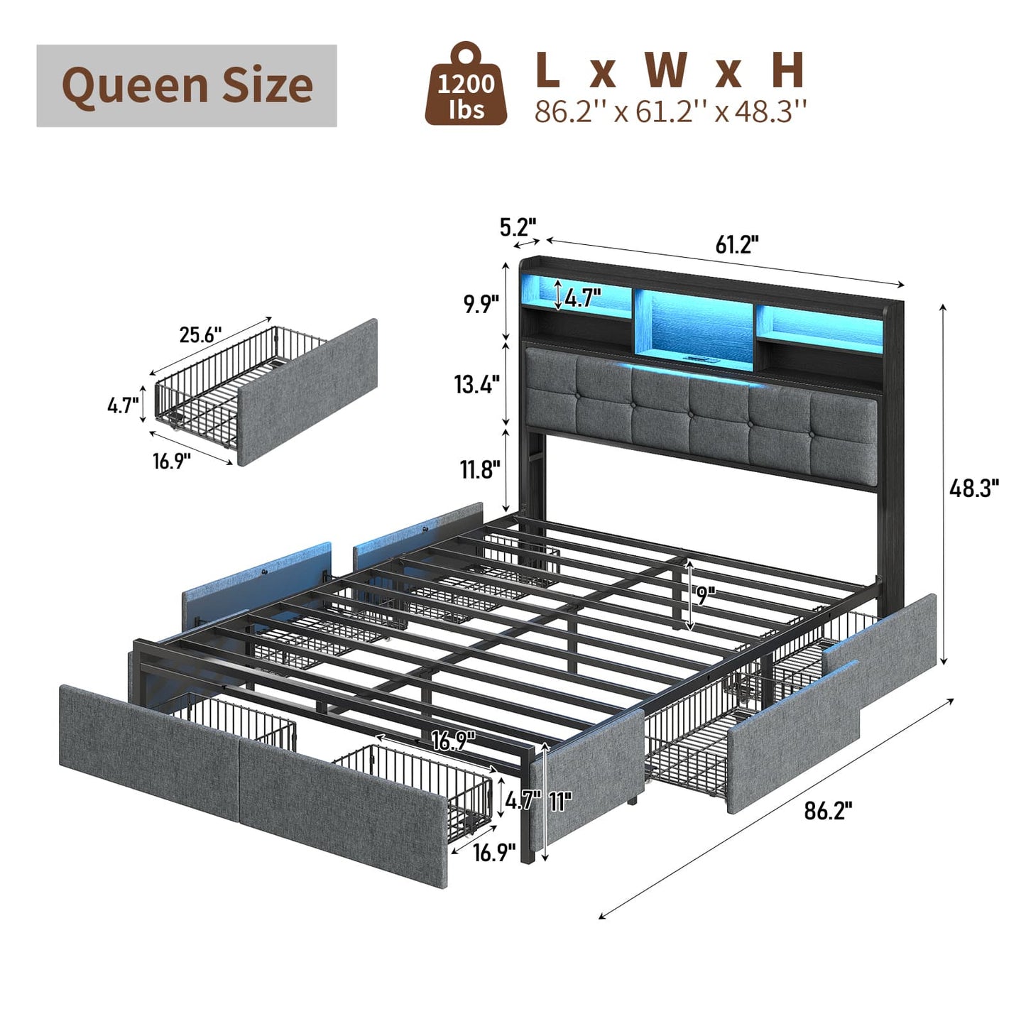 Yanosaku BF011-BL Full/Queen/King Bed Frame with 6 Drawers, Easy Assembly, USB Charging, LED Headboard, No Box Spring Needed