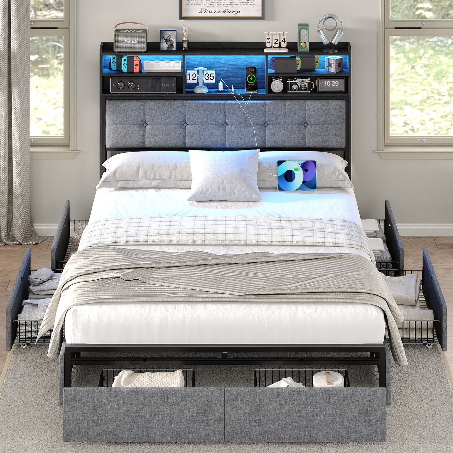 Yanosaku BF011-BL Full/Queen/King Bed Frame with 6 Drawers, Easy Assembly, USB Charging, LED Headboard, No Box Spring Needed