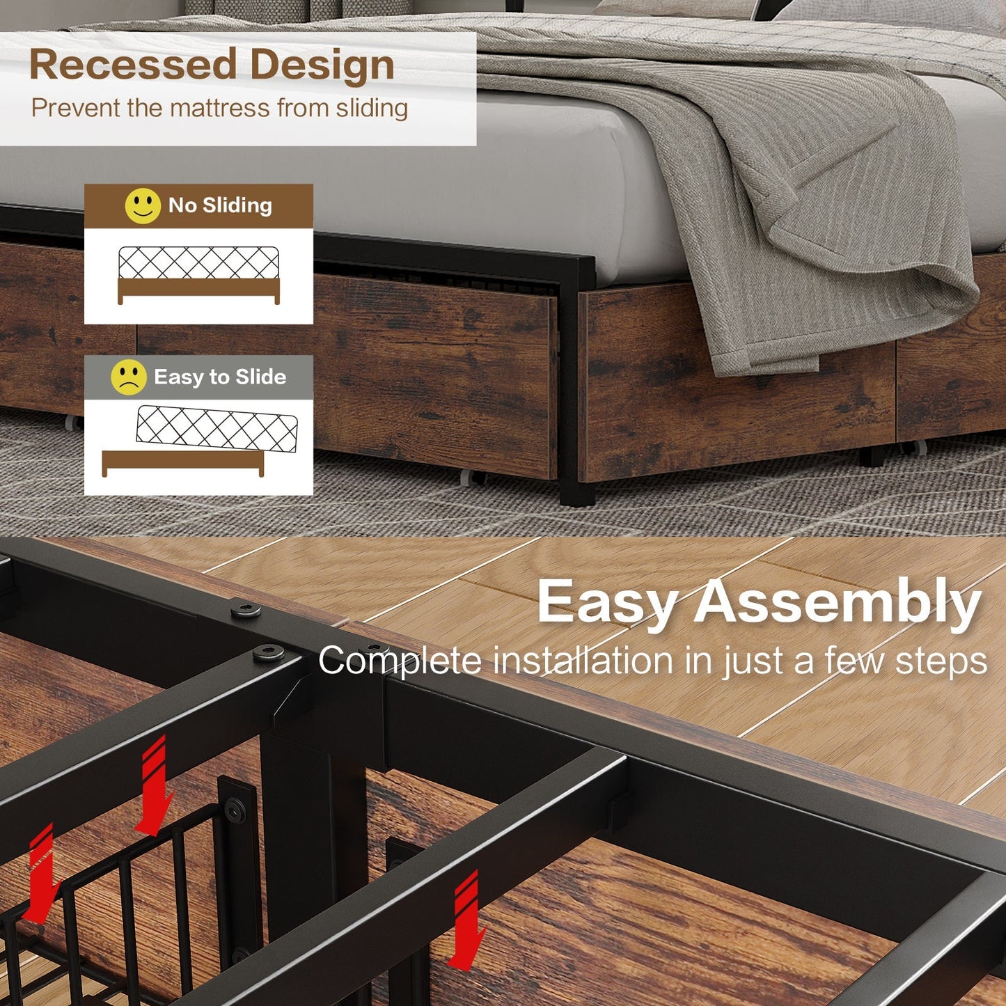 Yanosaku BF012-BR Full/Queen/King Bed Frame with LED Headboard, Charging Ports, 6 Storage Drawers, Shelf, Easy Assembly, No Box Spring Needed
