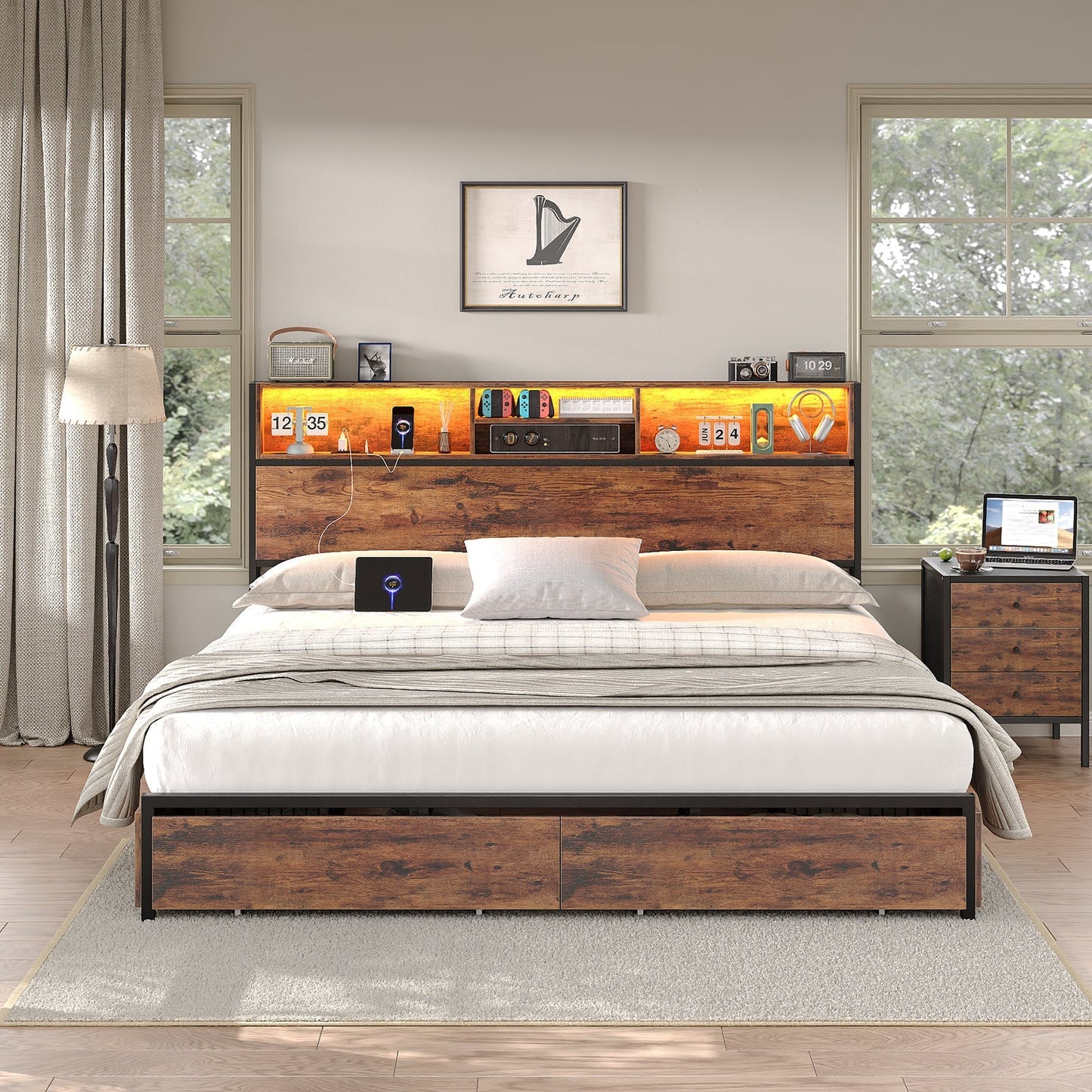 Yanosaku BF012-BR Full/Queen/King Bed Frame with LED Headboard, Charging Ports, 6 Storage Drawers, Shelf, Easy Assembly, No Box Spring Needed
