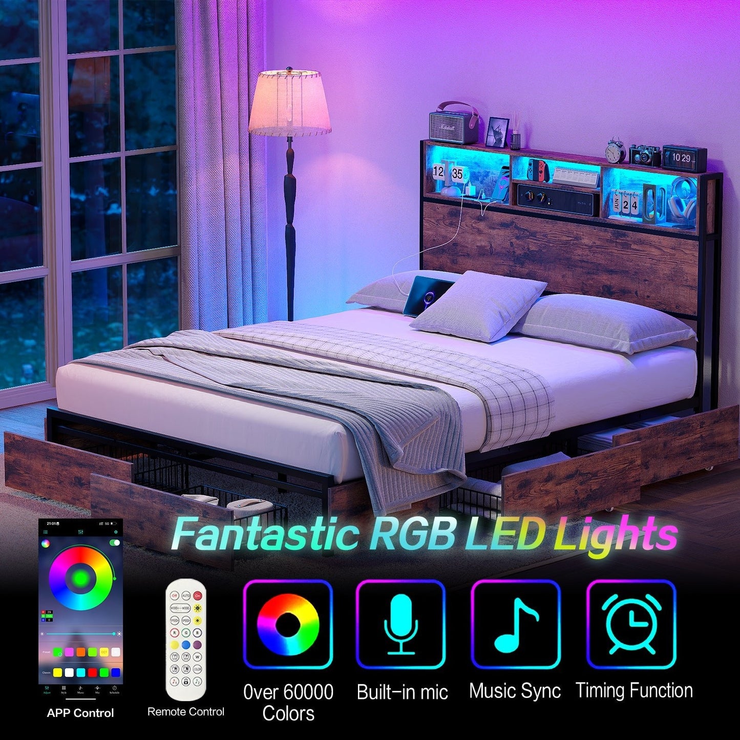 Yanosaku BF012-BR Full/Queen/King Bed Frame with LED Headboard, Charging Ports, 6 Storage Drawers, Shelf, Easy Assembly, No Box Spring Needed